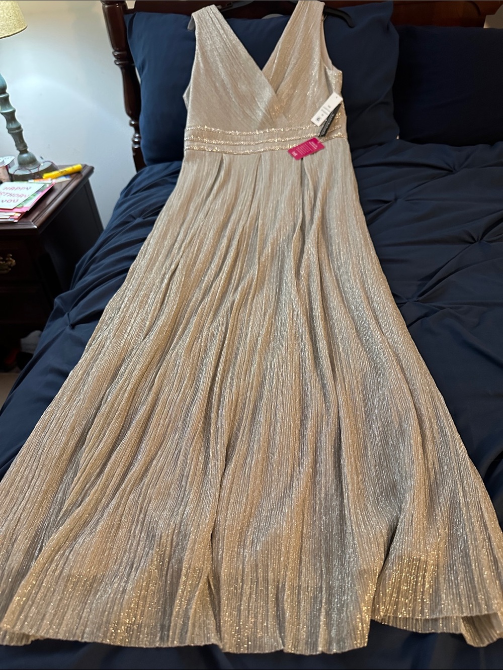 R & M Richards Metallic Gold Pleated V-Neck Maxi Dress
